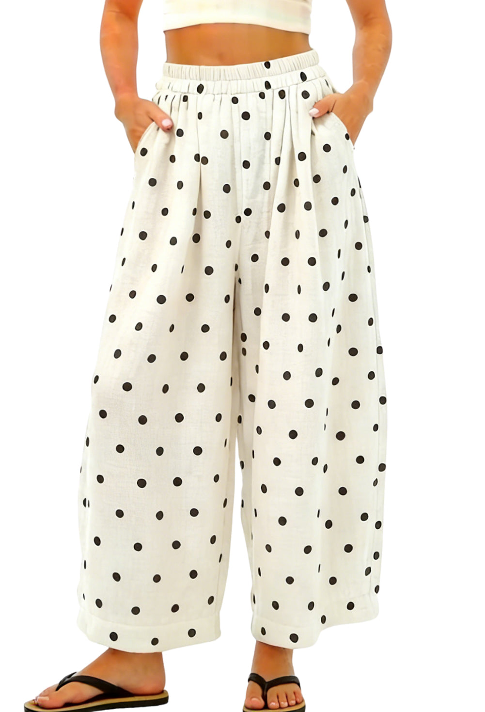 CHOUYATOU Women Summer Boho Cotton Linen Polka Dot Pants Beach Elastic Waist Palazzo Wide Leg Barrel Pants