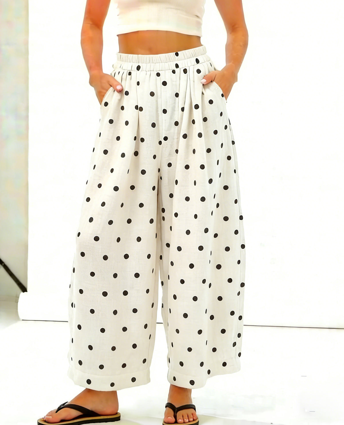 CHOUYATOU Women Summer Boho Cotton Linen Polka Dot Pants Beach Elastic Waist Palazzo Wide Leg Barrel Pants
