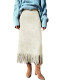 CHOUYATOU Women's Fringe Trim Faux Suede Skirt High Waisted Pencil Dressy Fall Winter Midi Long Skirt