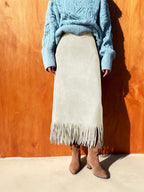 CHOUYATOU Women's Fringe Trim Faux Suede Skirt High Waisted Pencil Dressy Fall Winter Midi Long Skirt
