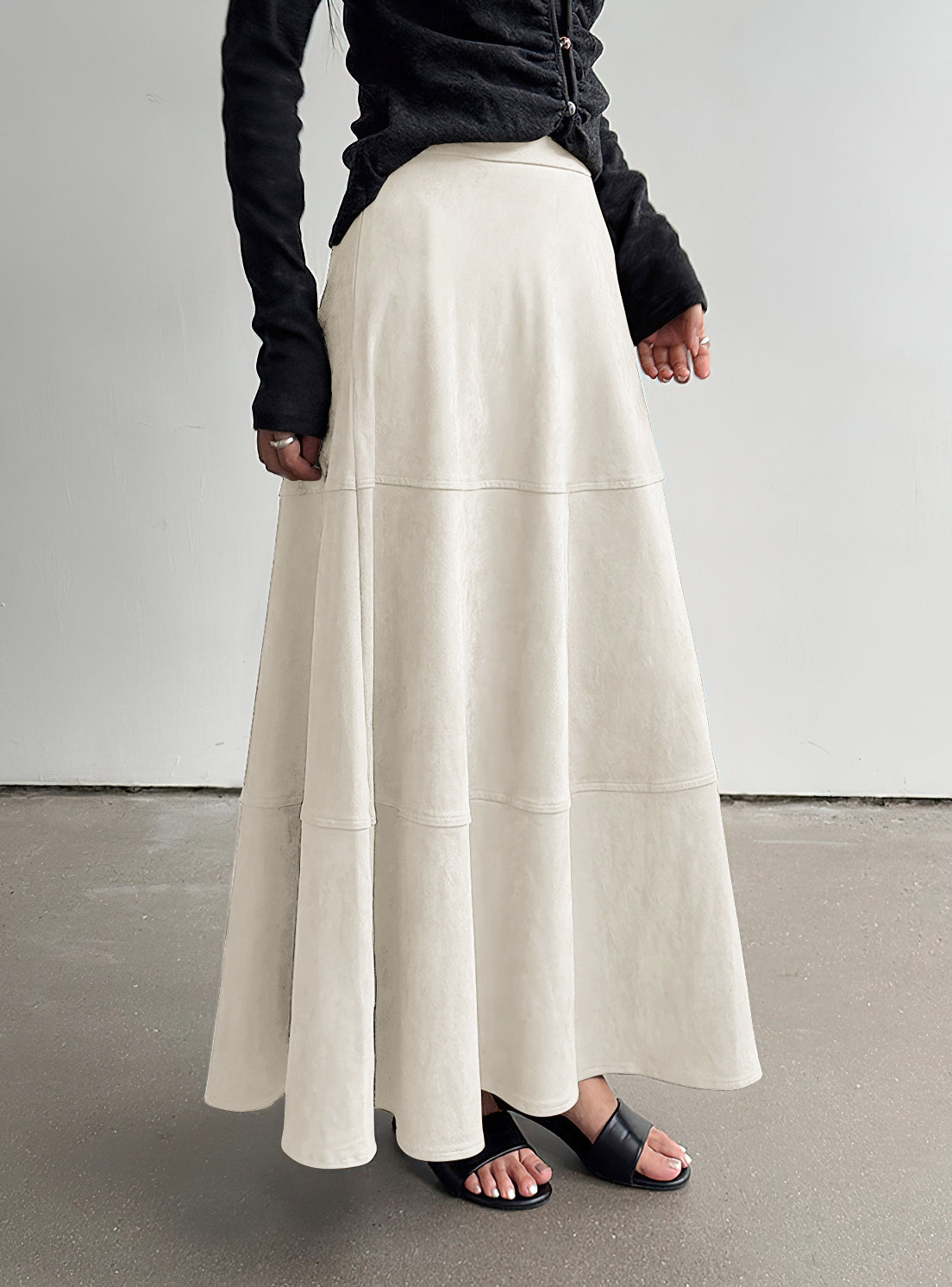 CHOUYATOU Women's Elegant Ruffle Faux Suede Leather Skirt High Waisted A Line Fall Winter Maxi Long Skirt