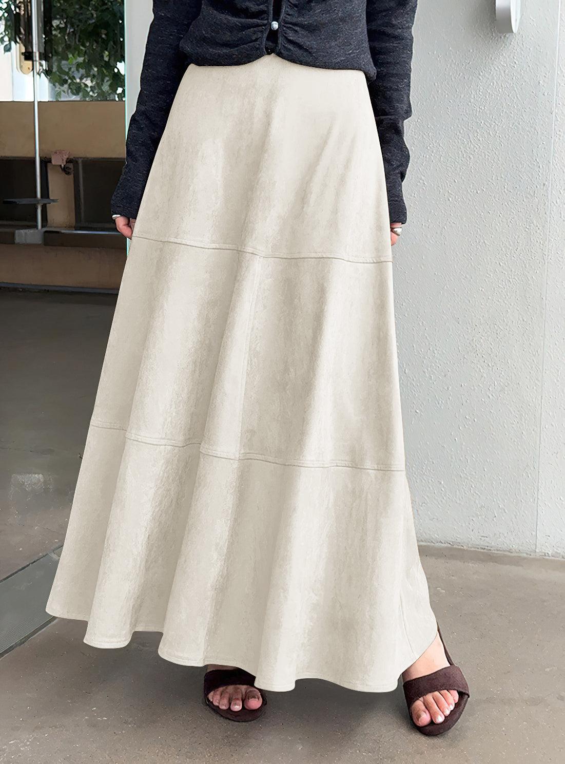 CHOUYATOU Women's Elegant Ruffle Faux Suede Leather Skirt High Waisted A Line Fall Winter Maxi Long Skirt
