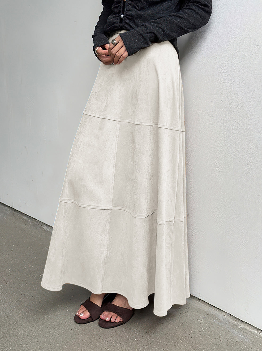 CHOUYATOU Women's Elegant Ruffle Faux Suede Leather Skirt High Waisted A Line Fall Winter Maxi Long Skirt