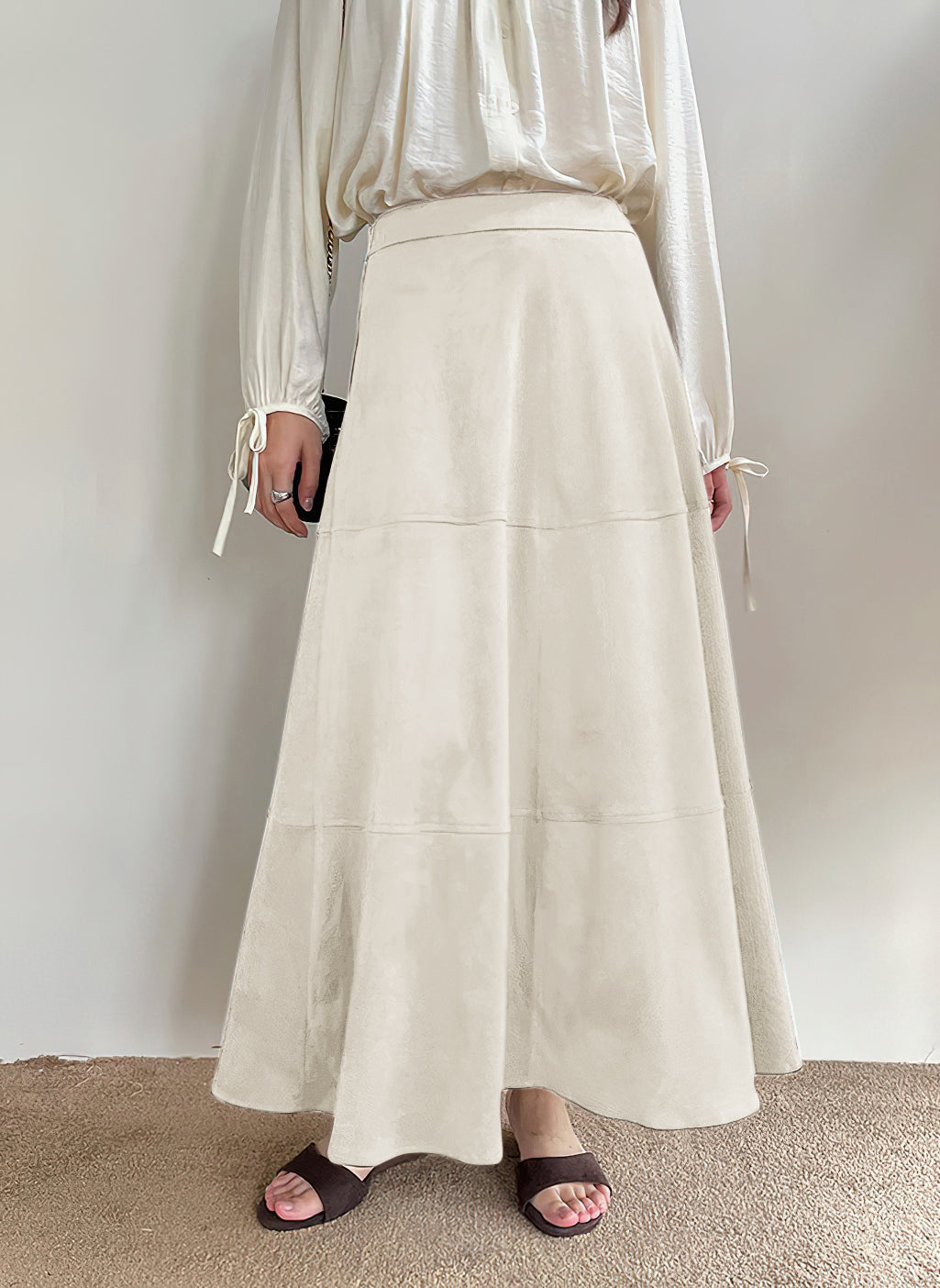 CHOUYATOU Women's Elegant Ruffle Faux Suede Leather Skirt High Waisted A Line Fall Winter Maxi Long Skirt