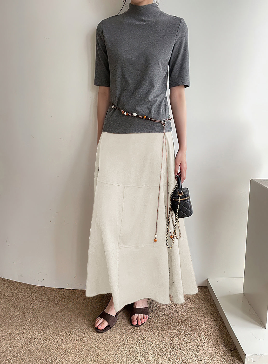 CHOUYATOU Women's Elegant Ruffle Faux Suede Leather Skirt High Waisted A Line Fall Winter Maxi Long Skirt