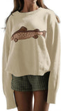 Chouyatou Women Fashion Crew Neck Rib Knit Crucian Carp Graphic Oversized Y2k Pullover Sweater Jumper