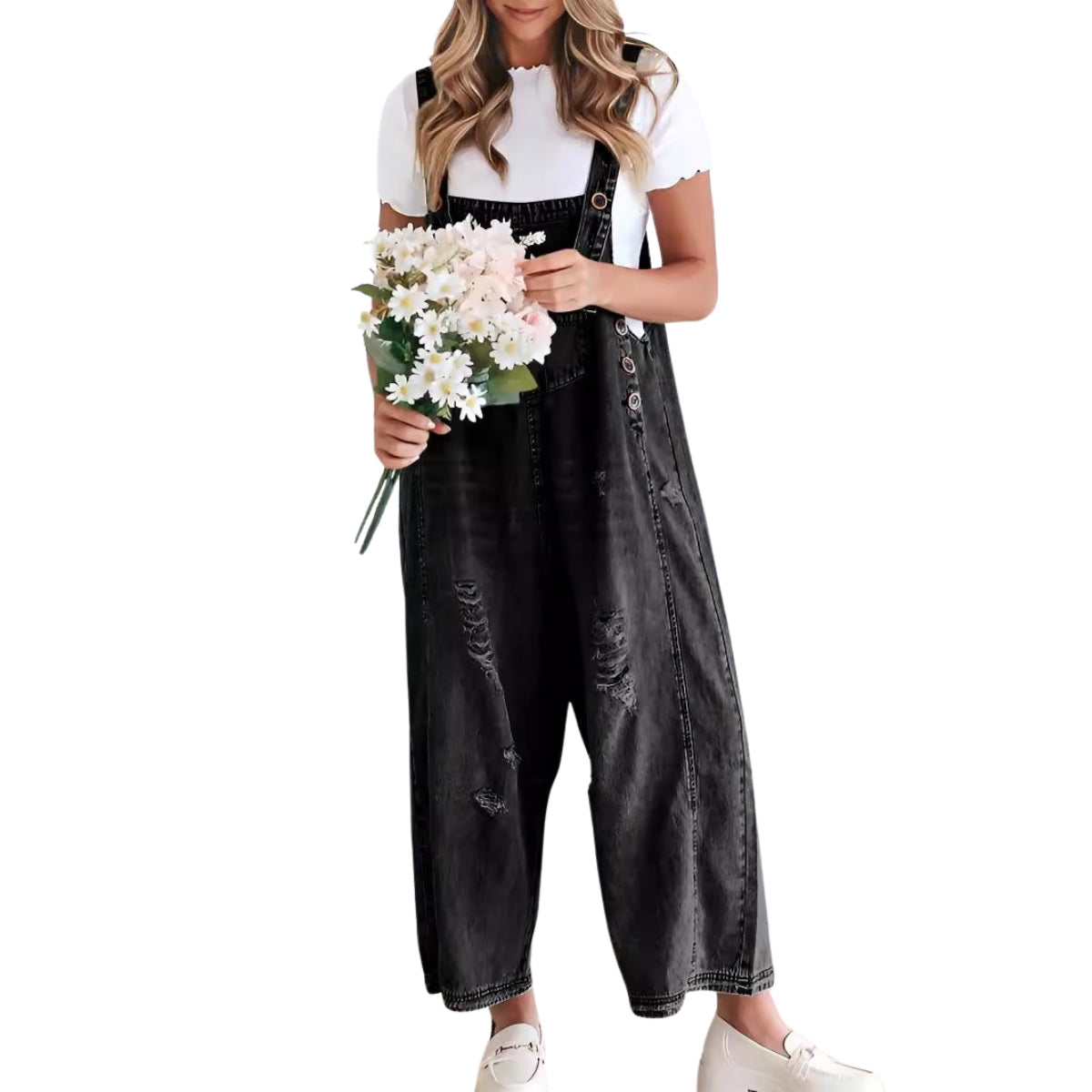 Chouyatou Women Loose Adjustable Strap Denim Bib Overall Jeans Distressed Wide Leg Baggy Overalls Jumpsuit