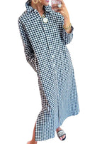 Chouyatou Women's Casual Loose Button Down Plaid Shirt Dress Long Sleeve Side Slit Cotton Gingham Maxi Dress