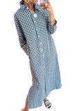 CHOUYATOU Women's Casual Loose Button Down Plaid Shirt Dress Long Sleeve Side Slit Cotton Gingham Maxi Dress