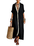 CHOUYATOU Women's Contrast Color Button Down Shirt Dress Short Sleeve Cotton Linen Casual Loose Beach Long Maxi Dress