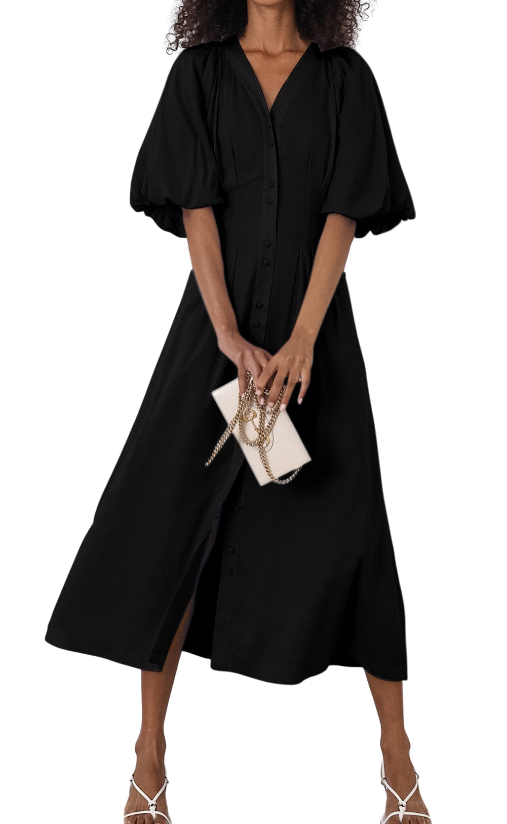 CHOUYATOU Women Summer Puff Sleeve Button Down Shirt Dress Flowy Elegant Business Casual Midi Long Dress