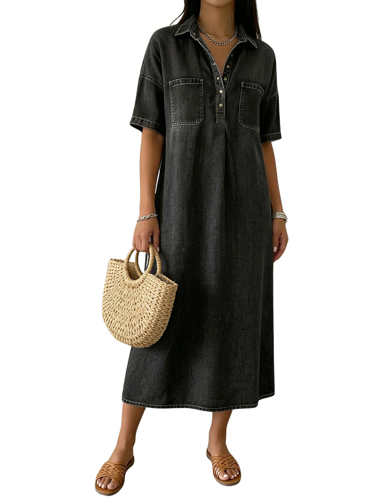 Chouyatou Women's Distressed Button Up Denim Polo Shirt Dress Short Sleeve Casual Loose Pleated Jean Midi Long Dress