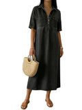 CHOUYATOU Women's Distressed Button Up Denim Polo Shirt Dress Short Sleeve Casual Loose Pleated Jean Midi Long Dress