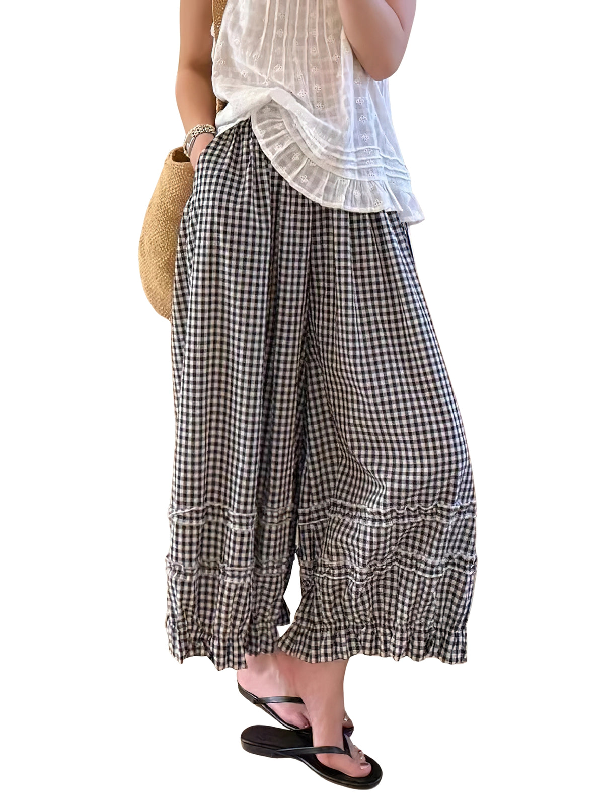 Chouyatou Women Summer Ruffle Hem Crop Cotton Linen Pants Beach Plaid Gingham Wide Leg Pants Palazzos