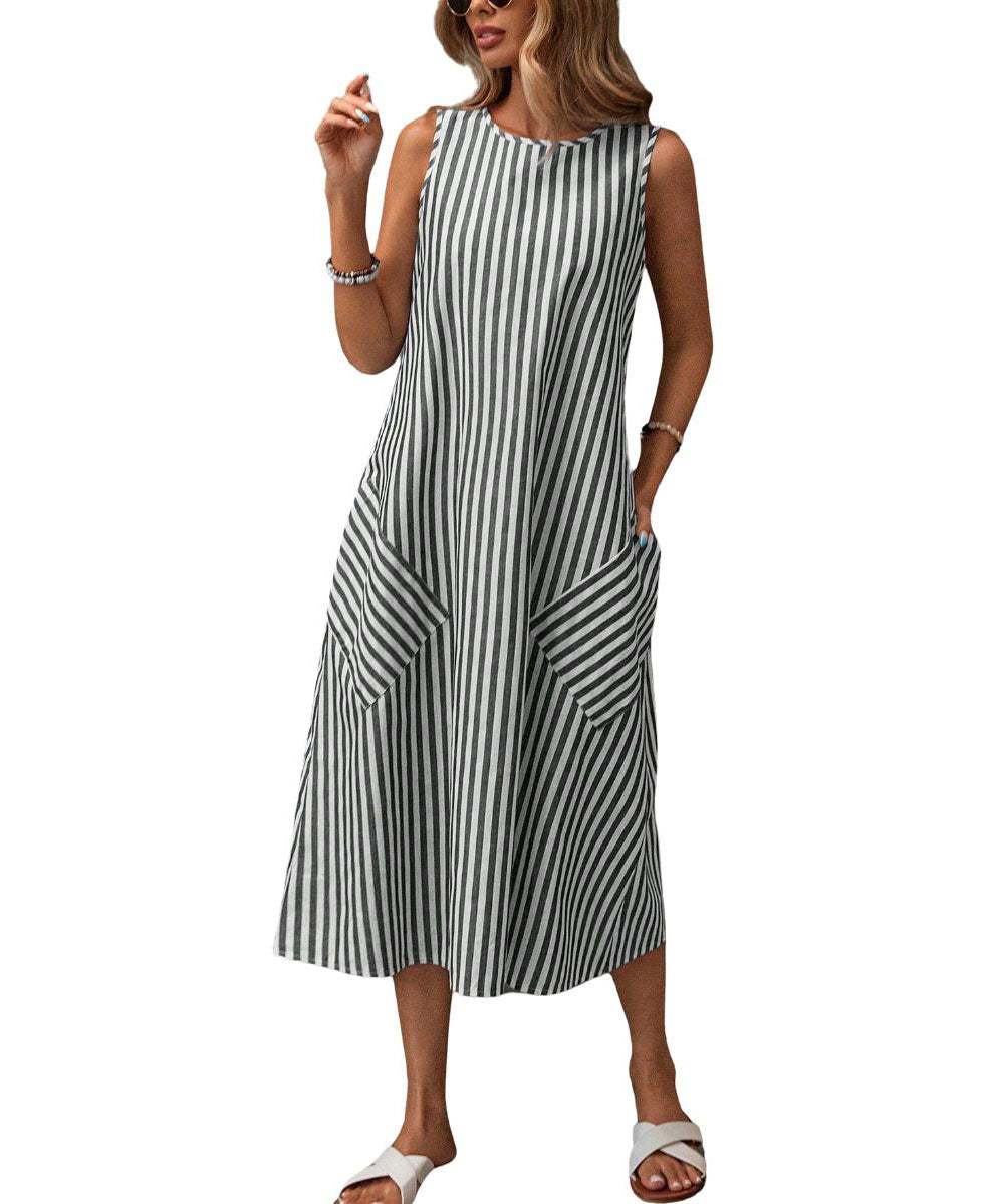 chouyatou Women's Casual Loose Vertical Striped Dress Crew Neck Sleeveless Midi Long Tank Dress with Pockets