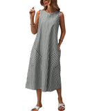 chouyatou Women's Casual Loose Vertical Striped Dress Crew Neck Sleeveless Midi Long Tank Dress with Pockets