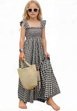 OPTATA Girls Summer Gingham Dresses Ruffle Spaghettie Strap Flounce Smocked Maxi Long Plaid Dress 5-14 Years
