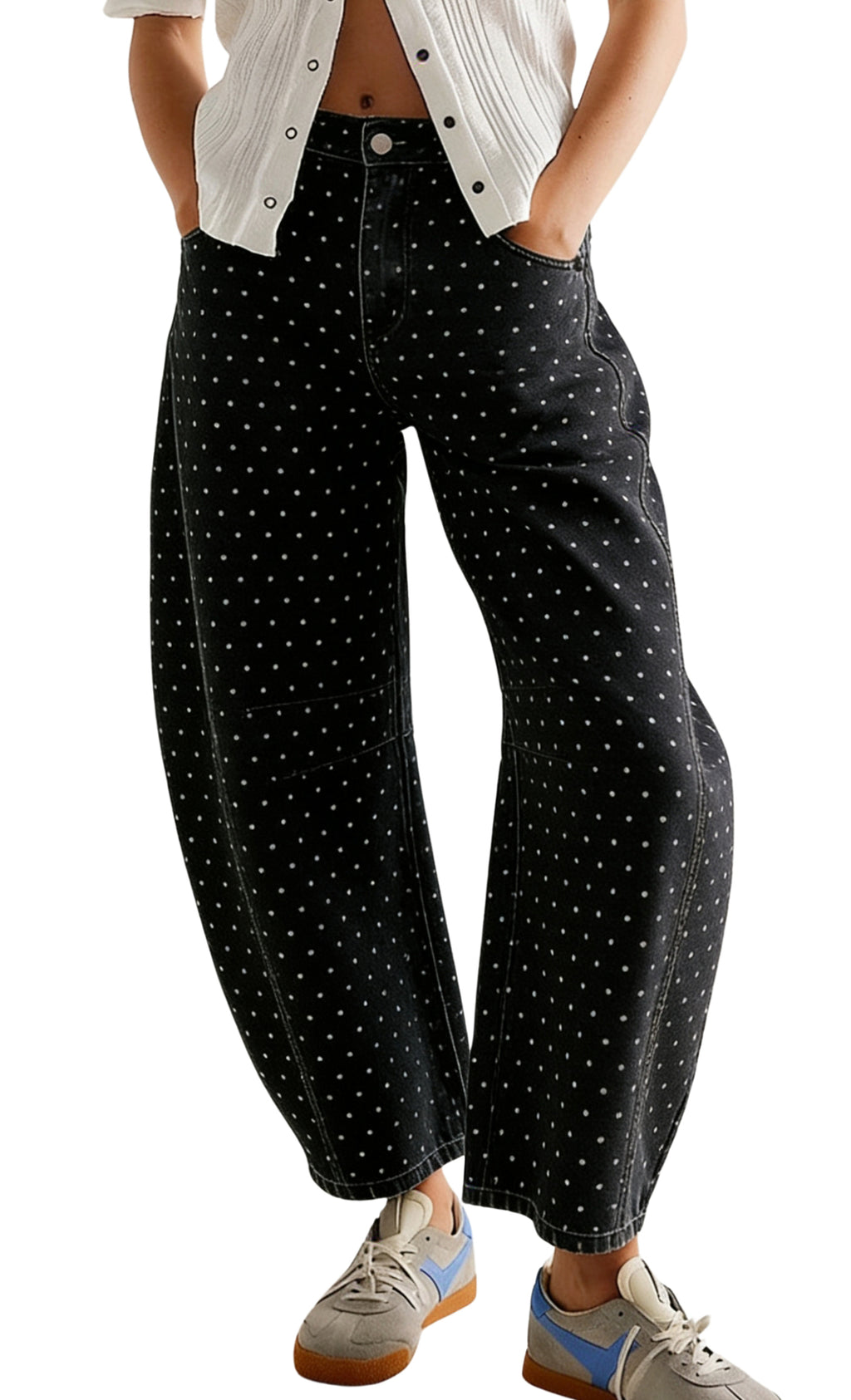 CHOUYATOU Women Baggy Polka Dot Barrel Jeans Y2K Floral Print Wide Leg Jeans Boyfriend Denim Ankle Pants
