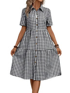 Chouyatou Women's Plaid Short Sleeve Button Down Shirt Dress Retro Gingham Button Up Tunic Midi Long Dress