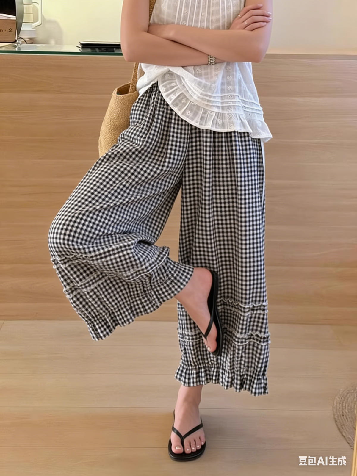 Chouyatou Women Summer Ruffle Hem Crop Cotton Linen Pants Beach Plaid Gingham Wide Leg Pants Palazzos