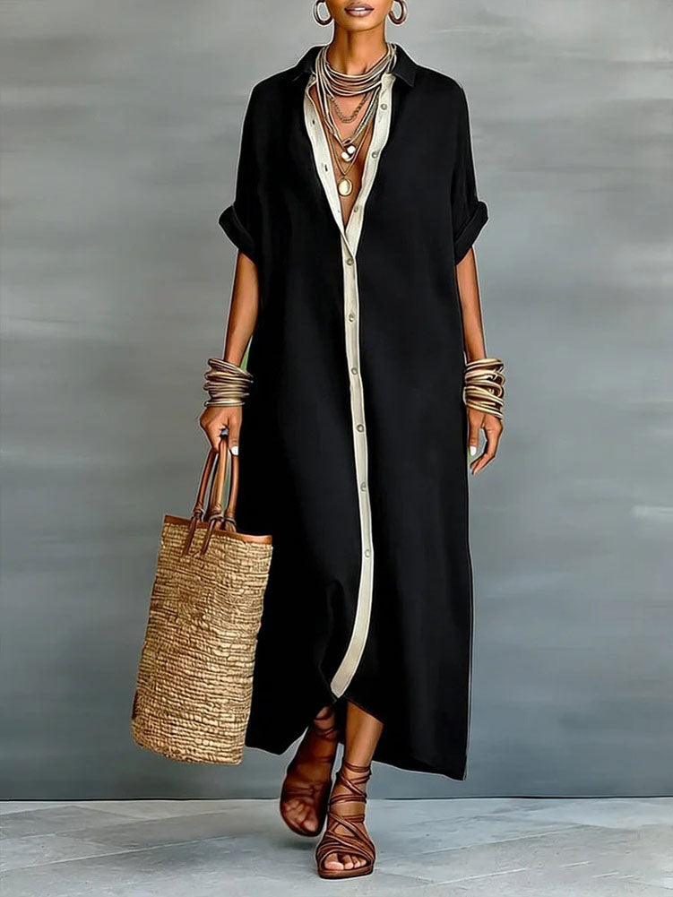 Chouyatou Women's Contrast Color Button Down Shirt Dress Short Sleeve Cotton Linen Casual Loose Beach Long Maxi Dress