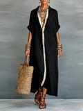 CHOUYATOU Women's Contrast Color Button Down Shirt Dress Short Sleeve Cotton Linen Casual Loose Beach Long Maxi Dress