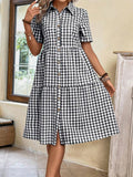 CHOUYATOU Women's Plaid Short Sleeve Button Down Shirt Dress Retro Gingham Button Up Tunic Midi Long Dress
