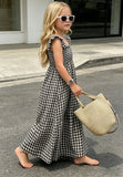 OPTATA Girls Summer Gingham Dresses Ruffle Spaghettie Strap Flounce Smocked Maxi Long Plaid Dress 5-14 Years