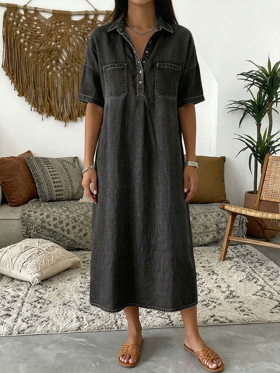 Chouyatou Women's Distressed Button Up Denim Polo Shirt Dress Short Sleeve Casual Loose Pleated Jean Midi Long Dress
