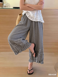 CHOUYATOU Women 2026 Summer Ruffle Hem Crop Cotton Linen Pants Beach Plaid Gingham Wide Leg Pants Palazzos