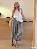 Chouyatou Women Summer Ruffle Hem Crop Cotton Linen Pants Beach Plaid Gingham Wide Leg Pants Palazzos