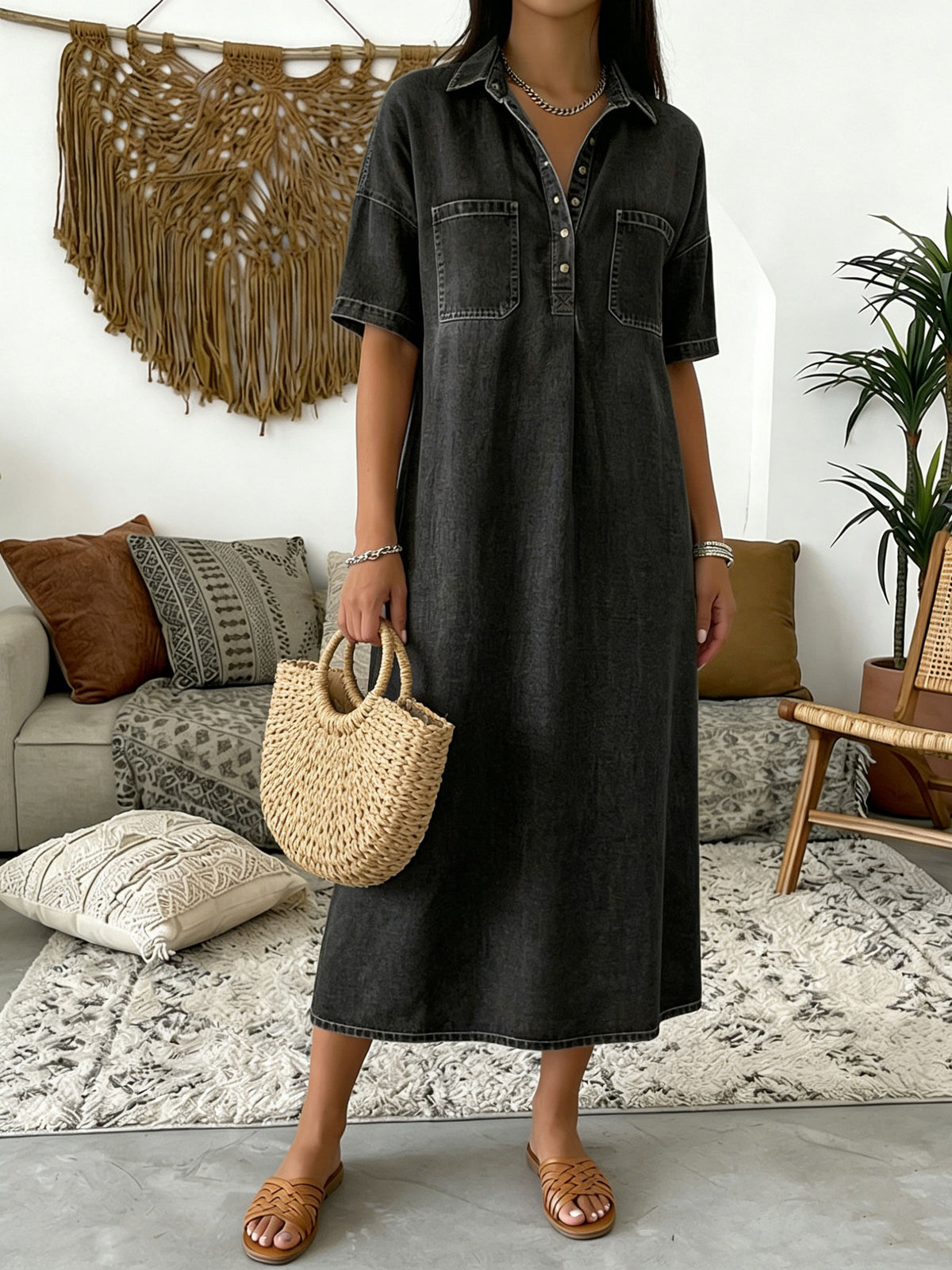 Chouyatou Women's Distressed Button Up Denim Polo Shirt Dress Short Sleeve Casual Loose Pleated Jean Midi Long Dress