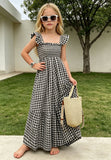 OPTATA Girls Summer Gingham Dresses Ruffle Spaghettie Strap Flounce Smocked Maxi Long Plaid Dress 5-14 Years