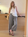 CHOUYATOU Women 2026 Summer Ruffle Hem Crop Cotton Linen Pants Beach Plaid Gingham Wide Leg Pants Palazzos