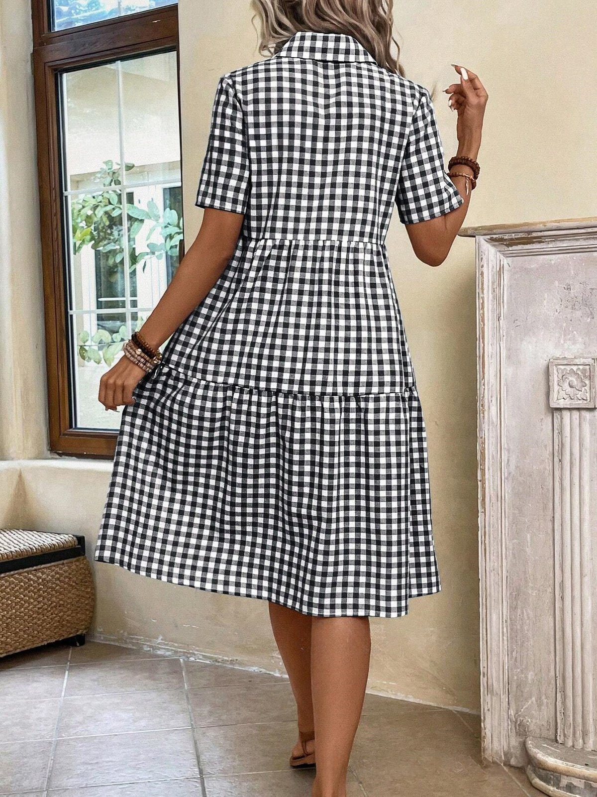 Chouyatou Women's Plaid Short Sleeve Button Down Shirt Dress Retro Gingham Button Up Tunic Midi Long Dress