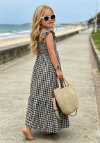 OPTATA Girls Summer Gingham Dresses Ruffle Spaghettie Strap Flounce Smocked Maxi Long Plaid Dress 5-14 Years