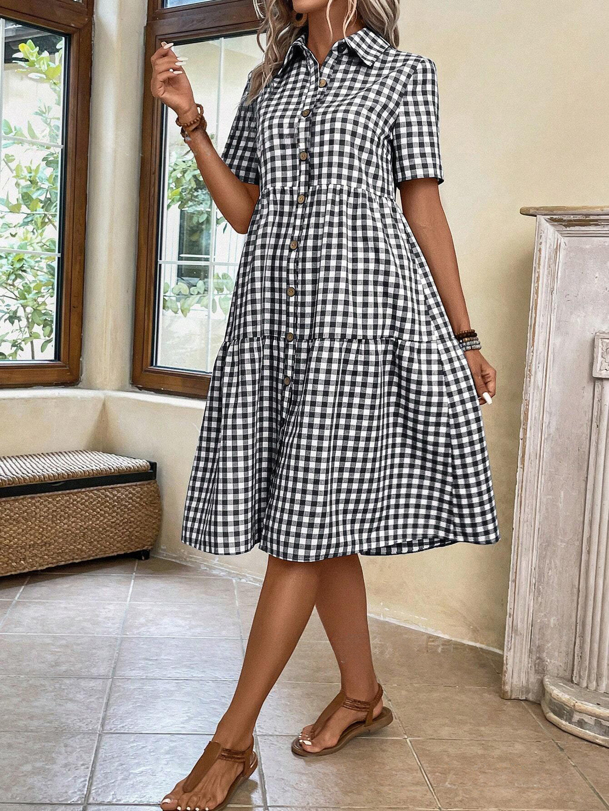 Chouyatou Women's Plaid Short Sleeve Button Down Shirt Dress Retro Gingham Button Up Tunic Midi Long Dress