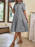 CHOUYATOU Women's Plaid Short Sleeve Button Down Shirt Dress Retro Gingham Button Up Tunic Midi Long Dress