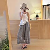 CHOUYATOU Women 2026 Summer Ruffle Hem Crop Cotton Linen Pants Beach Plaid Gingham Wide Leg Pants Palazzos
