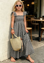 OPTATA Girls Summer Gingham Dresses Ruffle Spaghettie Strap Flounce Smocked Maxi Long Plaid Dress 5-14 Years