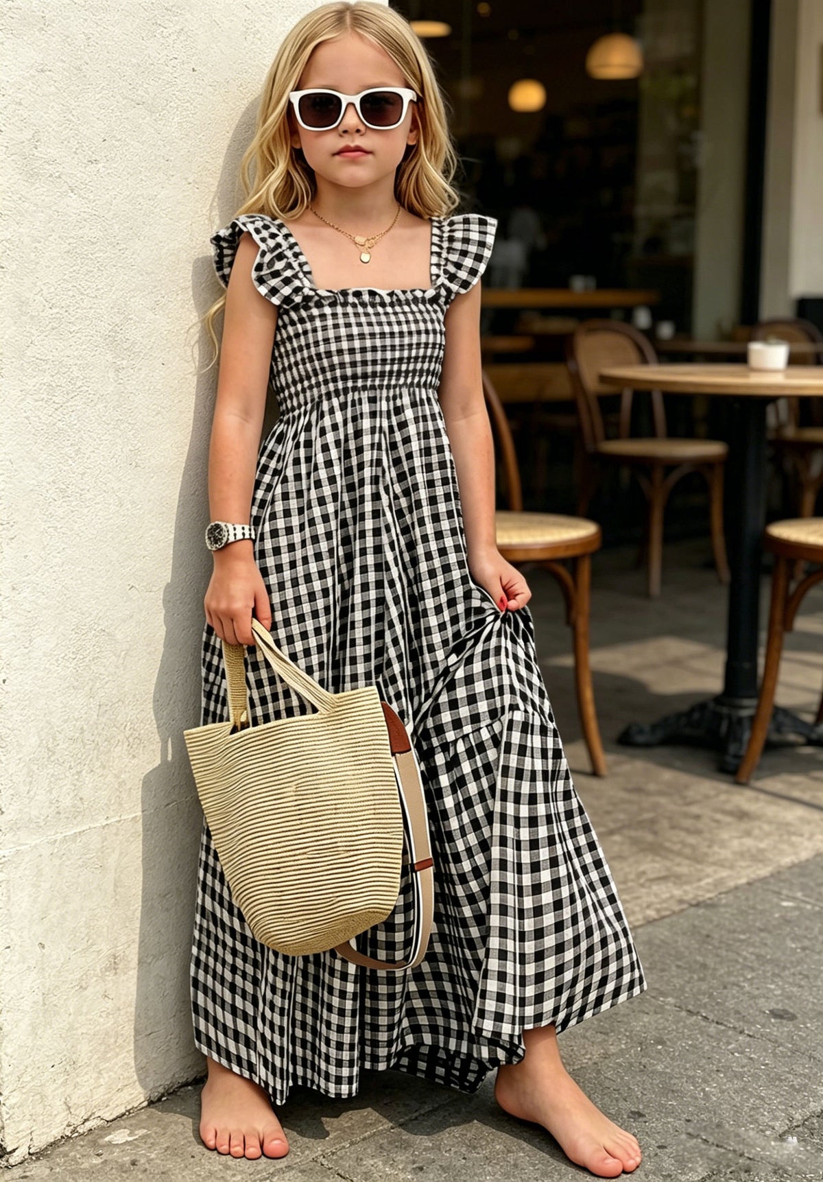 OPTATA Girls Summer Gingham Dresses Ruffle Spaghettie Strap Flounce Smocked Maxi Long Plaid Dress 5-14 Years