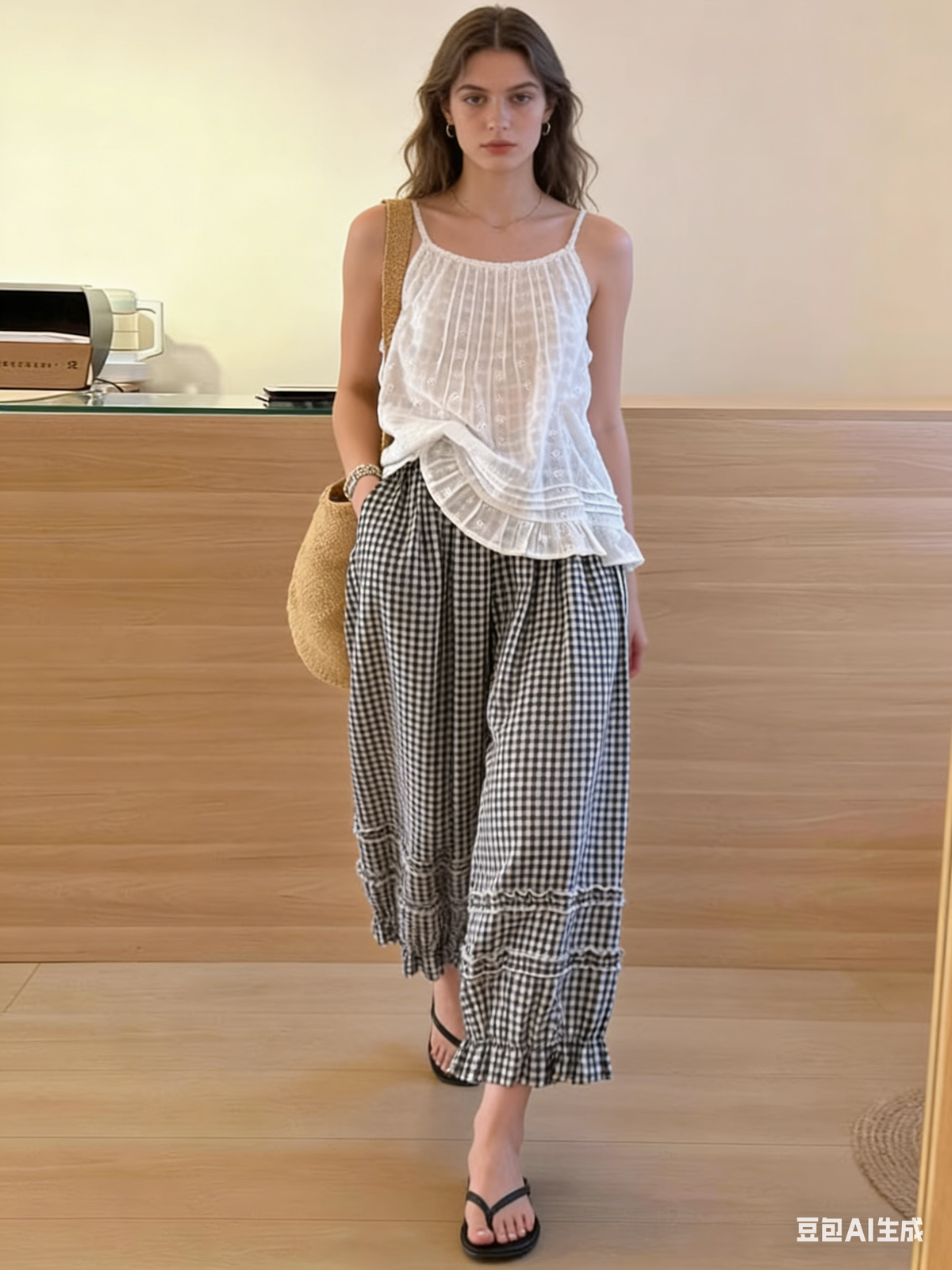 Chouyatou Women Summer Ruffle Hem Crop Cotton Linen Pants Beach Plaid Gingham Wide Leg Pants Palazzos