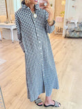CHOUYATOU Women's Casual Loose Button Down Plaid Shirt Dress Long Sleeve Side Slit Cotton Gingham Maxi Dress