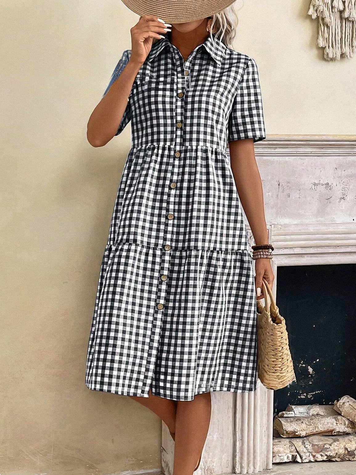 Chouyatou Women's Plaid Short Sleeve Button Down Shirt Dress Retro Gingham Button Up Tunic Midi Long Dress