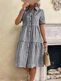CHOUYATOU Women's Plaid Short Sleeve Button Down Shirt Dress Retro Gingham Button Up Tunic Midi Long Dress