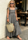 OPTATA Girls Summer Gingham Dresses Ruffle Spaghettie Strap Flounce Smocked Maxi Long Plaid Dress 5-14 Years