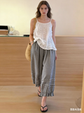 CHOUYATOU Women 2026 Summer Ruffle Hem Crop Cotton Linen Pants Beach Plaid Gingham Wide Leg Pants Palazzos