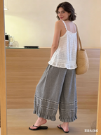 Chouyatou Women Summer Ruffle Hem Crop Cotton Linen Pants Beach Plaid Gingham Wide Leg Pants Palazzos
