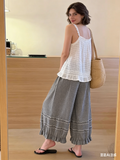 CHOUYATOU Women 2026 Summer Ruffle Hem Crop Cotton Linen Pants Beach Plaid Gingham Wide Leg Pants Palazzos