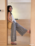 CHOUYATOU Women 2026 Summer Ruffle Hem Crop Cotton Linen Pants Beach Plaid Gingham Wide Leg Pants Palazzos